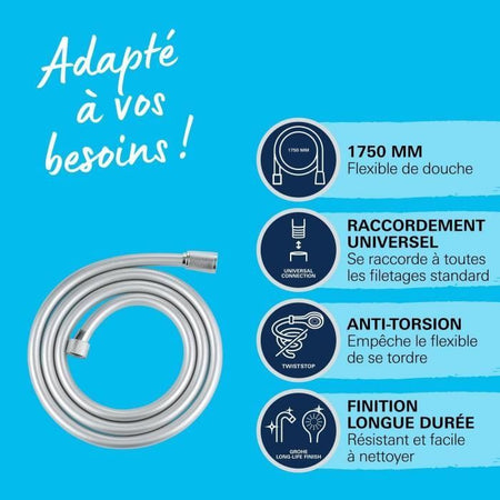 Flessibile doccia - GROHE VitalioFlex 27506001 - 1,75 m - Antipiega - Antitorsione - Attacco universale - Superficie liscia - Cromo