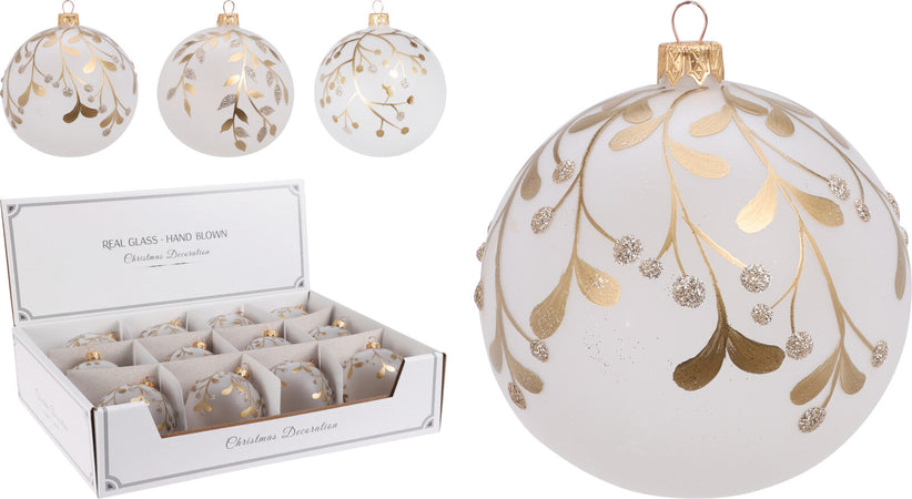 Palline per albero di Natale, in Vetro, foglia con glitter, Ø 80 mm, 12 pezzi