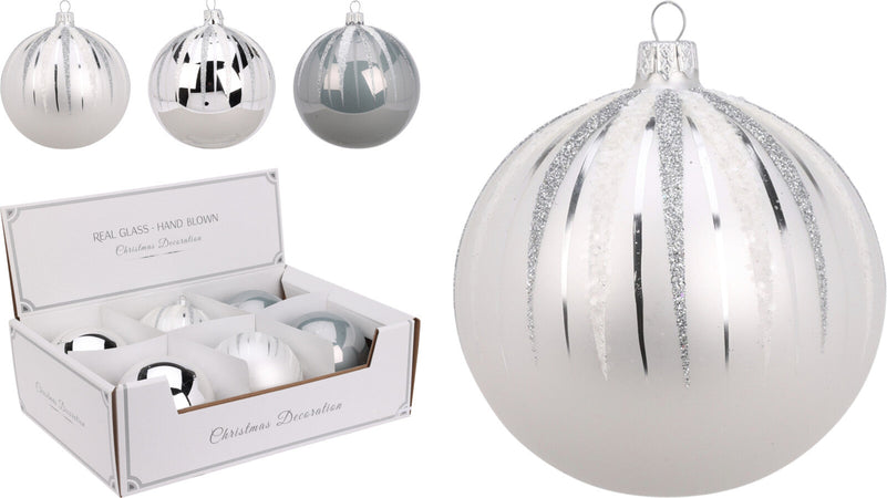 Palline per albero di Natale, in Vetro, color argento, con glitter, 100 mm, 6 pezzi