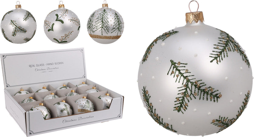 Palline per albero di Natale, in Vetro, con foglie decorative, Ø 80 mm, 12 pezzi