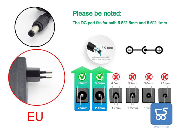 Alimentatore Adattatore 5V 5A DC 25W Connettore 5.5 x 2.5 mm Spina Europea con Spia Led