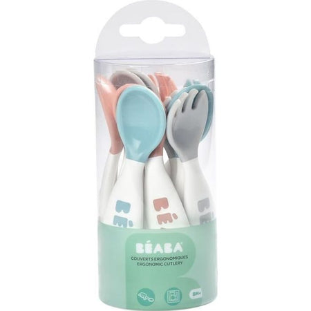 BEABA Set di 6 cucchiai ergonomici + 4 forchette (rosa antico + verde arioso + foschia chiara)