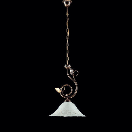 Sospensione 1 Luce Ferro Battuto Marrone e Oro Vetro Bianco e Oro Serie Magnolia