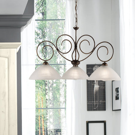 Lampadario Classico 3 Luci Ferro Battuto Marrone e Oro Vetro Bianco Serie Milly