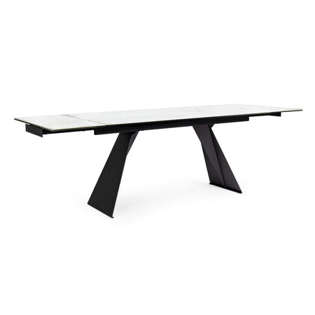 Tavolo allungabile Blazar con struttura in acciaio, piano in ceramica e supporto in vetro