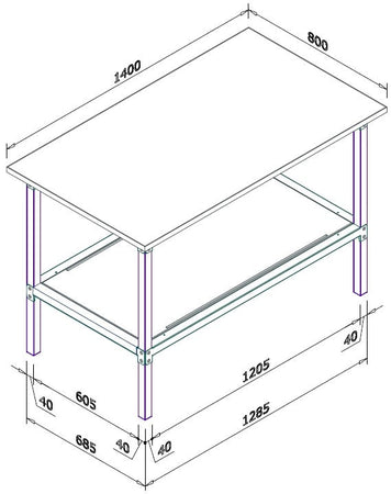 Banco lavoro metallico con piano in nobilitato superiore cm. 140x80x93h