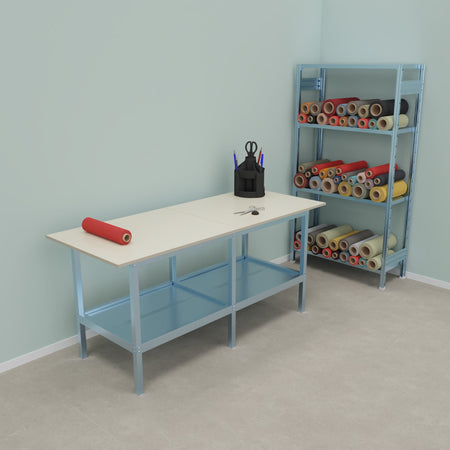 Banco da lavoro fisso o su ruote con struttura in metallo e piano in legno cm. 200x80x93h