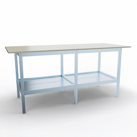 Banco da lavoro fisso o su ruote con struttura in metallo e piano in legno cm. 200x80x93h