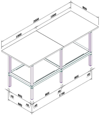 Banco da lavoro fisso o su ruote con struttura in metallo e piano in legno cm. 200x80x93h