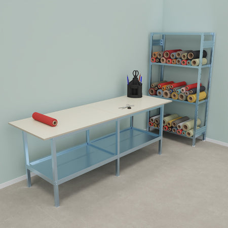 Banco lavoro in metallo e legno con accessori e piano inferiore metallico cm. 240x80x93h