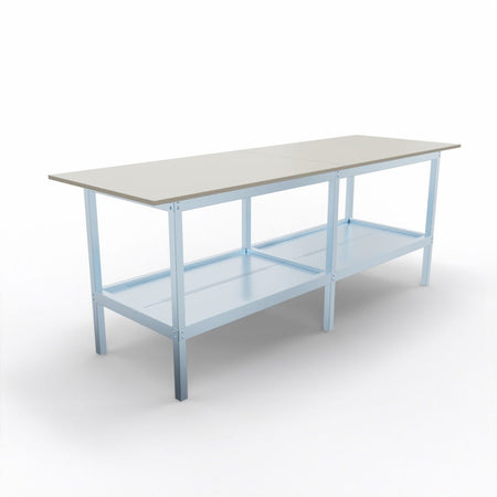 Banco lavoro in metallo e legno con accessori e piano inferiore metallico cm. 240x80x93h