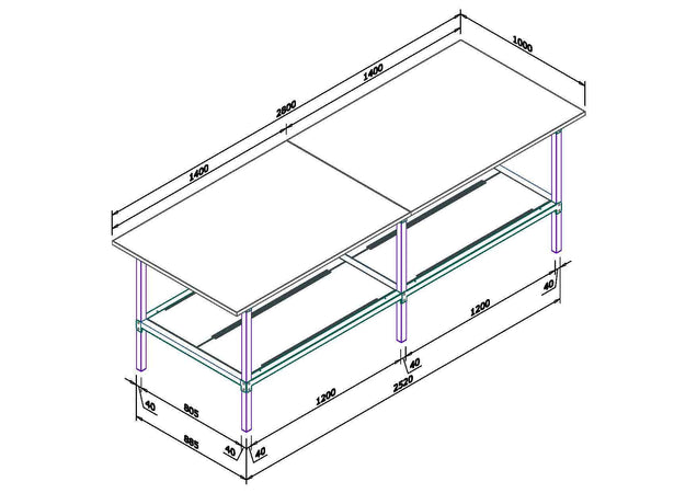 Banco lavoro fisso o su ruote con cassetto metallico e piano inferiore di metallo cm. 280x100x93h