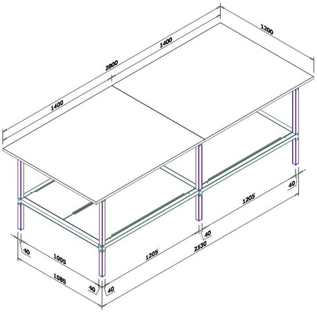 Banco per lavoro con struttura di metallo zincata e piano in nobilitato cm. 280x120x93h