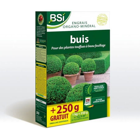 Concime per Bosso - BSI - Biologico - Fogliame brillante, verde scuro - Azione lunga durata - 1Kg + 250g omaggio - Fino a 12,5 m