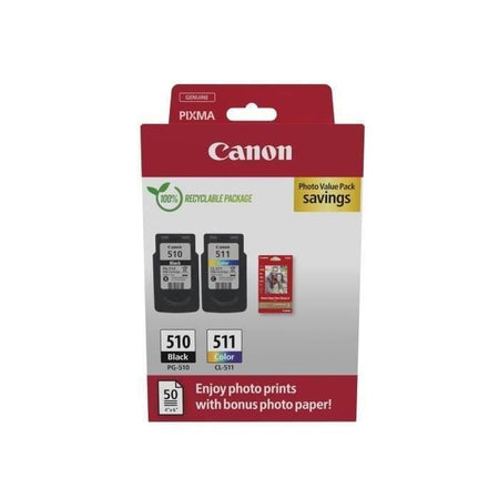 Confezione da 2 cartucce d'inchiostro + confezione carta fotografica - CANON - PG-510 Nero + CL-511 Colore