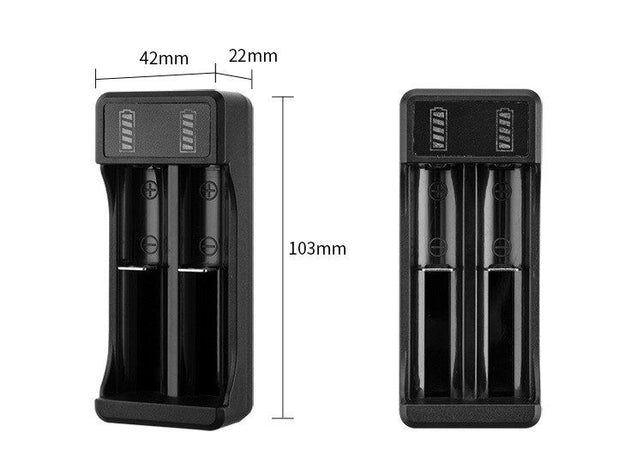 Carica Batterie veloce Litio 3,7V 2 Slot USB Tipo C Indicatore Carica Led 10340, 10350, 10440, 10500, 12340, 12500, 12650, 13450, 13500, 13650, 14350, 14430, 14500, 14650, 16500, 16340 (RCR123), 16650, 17350, 17500, 17650, 17670, 18350, 18490, 18500,1865