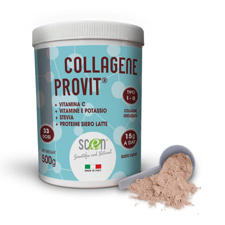 Scen Collagene Provit - Collagene idrolizzato tipo I e II ad altissima concentrazione, arricchito con proteine del siero del latte, potassio, vitamine B1, B2, B6, E, PP, C