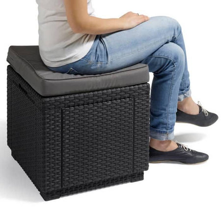 Tavolo Pouf ALLIBERT GARDEN con cuscino e contenitore integrato - Grafite in rattan intrecciato