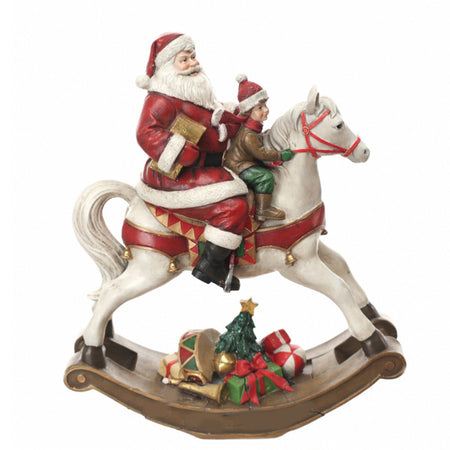 Statuetta Cavallo a dondolo con Babbo Natale colori natalizi in poli-resina Storia Dino Bianchi