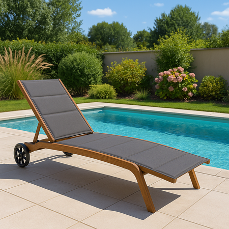Lettino prendisole "Cleo" in alluminio effetto legno con ruote da giardino per esterno