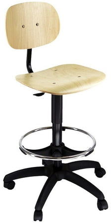 Sgabello in faggio su piedi fissi o su ruote con poggiapiedi regolabile cm. 37,5x63x98/122h