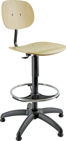 Sgabello in faggio su piedi fissi o su ruote con poggiapiedi regolabile cm. 37,5x63x98/122h