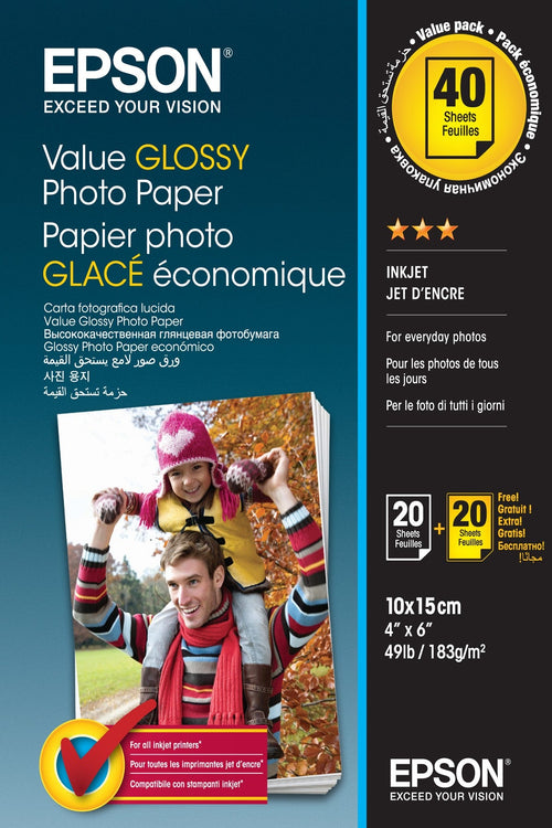 ORIGINALE Epson Carta Bianco C13S400044 Value Glossy Photo Papier Value Glossy carta fotografica, 10 x 15 cm, 183g/m?, 2 x 20 fogli, brillante