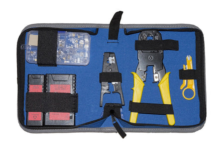 Set Attrezzi In Astuccio Con Pinza Per Connettori 4, 6, 8 Poli, Spelafili, Tester, Cassettina Con Plug 6 E 8 Poli, Inseritore Keystone E Tester Cavi Di Rete
