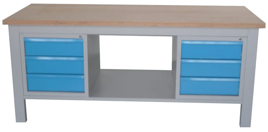 Banco da officina fornito montato con piano in legno di faggio, 2 cassettiere laterali con 3 cassetti e vano centrale aperto cm. 200x75x88h