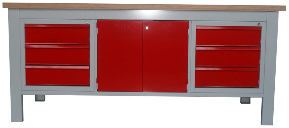 Banco da lavoro con cassettiere e vano centrale con ante monoblocco cm. 200x75x88h