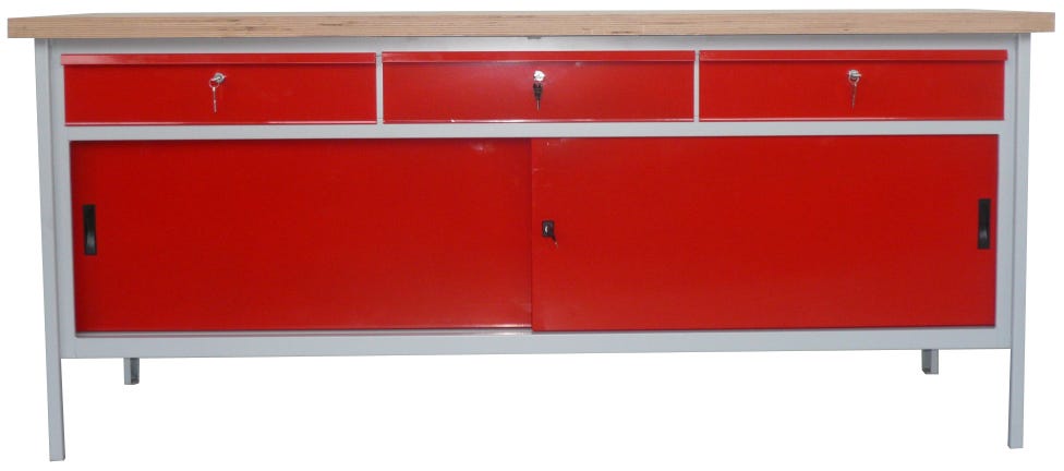 Banco monoblocco con top in legno di faggio sp. mm. 40 con ante e cassetti cm. 200x75x88h