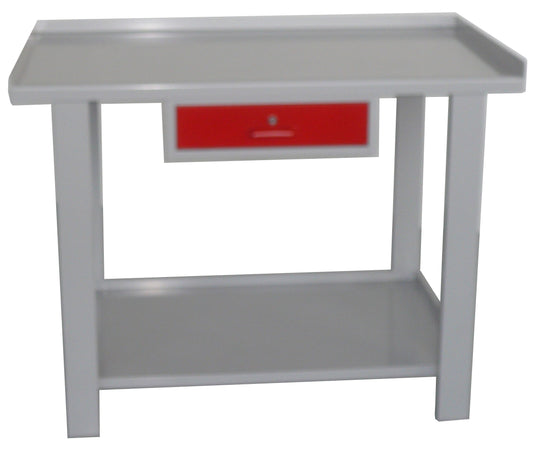 Banco monoblocco con top in lamiera con bordo perimetrale anticaduta e cassetto centrale cm. 120x70x88h
