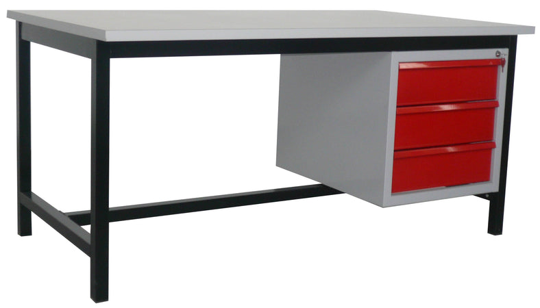 Banco da officina monoblocco con ripiano superiore in laminato grigio e cassettiera laterale cm. 160x90x72h
