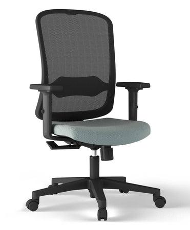 Poltroncina operativa con schienale fisso in rete colorata e poggiareni regolabile in altezza