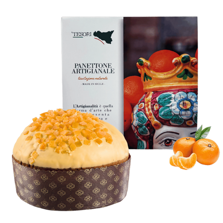 Tesori di sicilia panettone artigianale ai mandarini 1kg, scatola siciliana "a donna elisabetta" panettone a lievitazione naturale, idea regalo natale