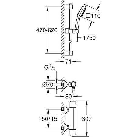 Set doccia con miscelatore termostatico, soffione 3 getti, asta 60 cm e flessibile - GROHE 34237003 - Water saving - Cromo
