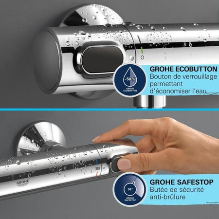 Set doccia con miscelatore termostatico, soffione 1 getto, asta 60 cm e flessibile - GROHE 34800001 - Water saving - Cromo