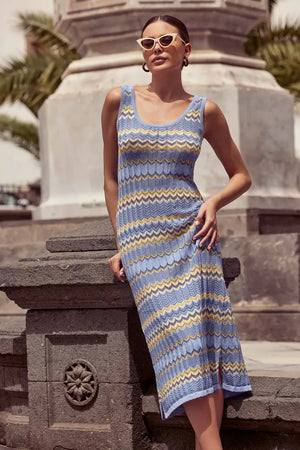 ICONIQUE | Abito midi smanicato fantasia chevron