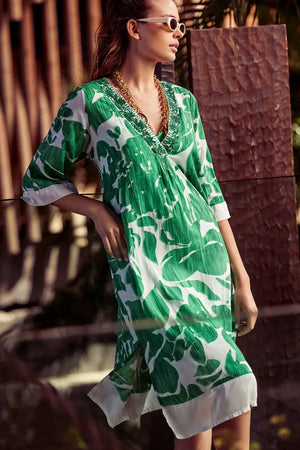 ICONIQUE | Kaftano scollo v con spacco fantasia tropical