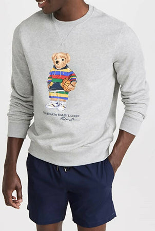 Ralph Lauren Felpa Uomo Polo Bear Fleece Sweatshirt Girocollo Grigia Senza Cappuccio Felpa Polo Orsetto Multicolore