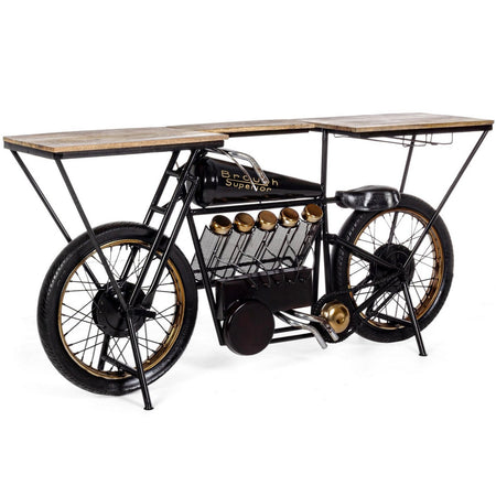 Consolle da bar "Moto Replica" moderno con piano in legno, ruote, 183 x 43 x 89 cm
