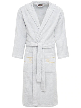 Accappatoio Roberto Cavalli Gold New con cappuccio, in spugna 100% cotone, colore grigio, taglia L/XL, morbido ed elegante, Made in Italy.