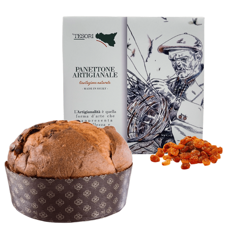 Tesori di sicilia panettone artigianale tradizionale uvetta e canditi 1kg, scatola siciliana "ù nonno pino", idea regalo natale