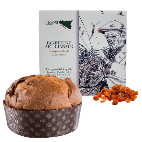 Tesori di sicilia panettone artigianale tradizionale uvetta e canditi 1kg, scatola siciliana ù nonno pino, idea regalo natale