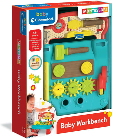 Clementoni Baby Workbench Banchetto Lavoro Attrezzi in Legno, Tavolino Bambini con Martello e Cacciaviti, Gioco Montessori, attività Meccaniche, Manualità e Coordinazione, 17968, Multicolore