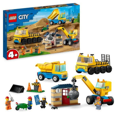Lego City 60391 camion del sito e la gru ha una palla da demolizione, giocattolo per macchine da costruzione