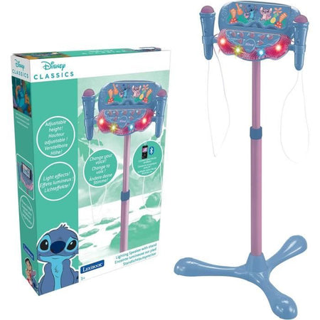 Microfono Stitch su supporto regolabile illuminato con altoparlante, 2 microfoni ed effetti vocali, altoparlante Bluetooth