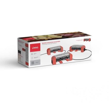 Raclette collegabile per 2 persone - LIVOO - DOC310R - 450W - 2 persone - Termostato automatico - 2 spatole in legno e 2 pentole per fonduta