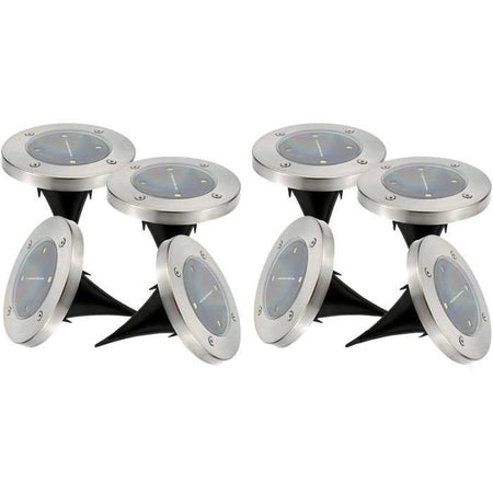 Set di 8 faretti solari rotondi in acciaio inox da incasso o inserzione - LUMISKY - DECKY - LED bianco freddo - 12 cm