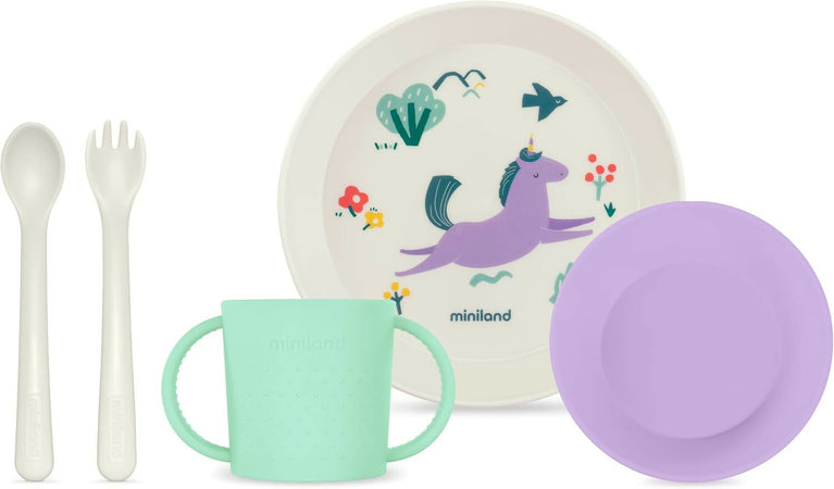 MINILAND Learning tableware Dream - set pappa educativo - bicchiere con manici, piatto piano, ciotola piatto fondo, posate - unicorno